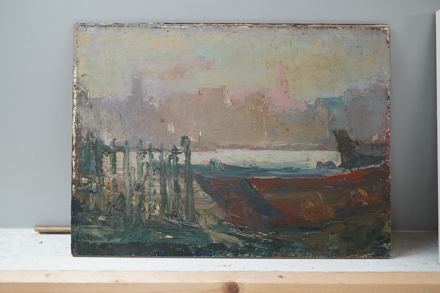 Two modern British oils on board, one by Peter Brannan, Coastal view and another of fishing boats, largest 35 x 40cm, each unframed. Condition - poor